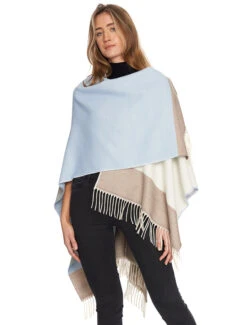Block Check Fringed Shawl - Cream Blue Natural