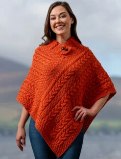 Cable Aran Poncho With Button Detail -The Warm Shop A200 Autumn Leaf 99721.1673752704