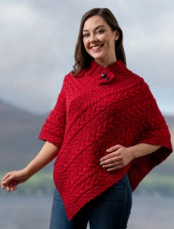 Cable Aran Poncho With Button Detail -The Warm Shop A200 Chilipepper 67113.1673752705