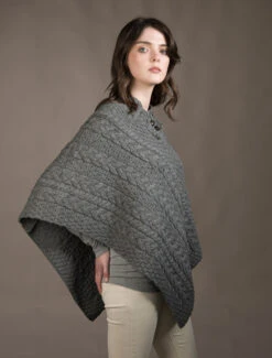 Cable Aran Poncho With Button Detail -The Warm Shop A200 Grey 2 02133.1673752707