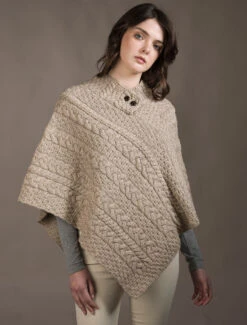 Cable Aran Poncho With Button Detail -The Warm Shop A200 Wicker 3 24081.1673752708
