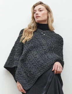 Aran Cable Wool Poncho -The Warm Shop B390 Charcoal 2 49041.1650979279