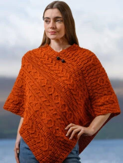 Aran Cable Wool Poncho -The Warm Shop B390 Orange 10984.1645204266