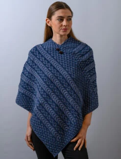 Plated Aran Poncho With Button Detail -The Warm Shop B877 Denim Alantic 02575.1673752869