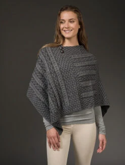 Plated Aran Poncho With Button Detail -The Warm Shop B877 Grey Derby 3 34653.1673752869
