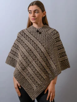 Plated Aran Poncho With Button Detail -The Warm Shop B877 Wicker Brown 2 42817.1673752869