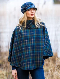 Mucros Tweed Poncho - Navy Sky & Green