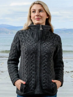 Double Collar Zip Merino Aran Cardigan -The Warm Shop X4267 Charcoal 1 02860.1673752577