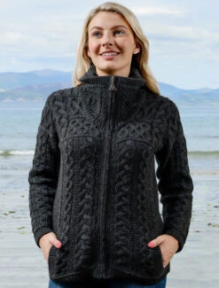 Double Collar Zip Merino Aran Cardigan -The Warm Shop X4267 Charcoal 2 58146.1673752577