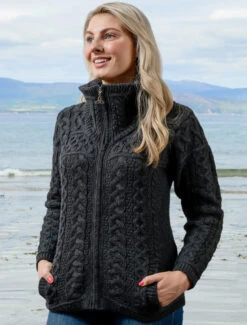 Double Collar Zip Merino Aran Cardigan -The Warm Shop X4267 Charcoal 3 21301.1673752577