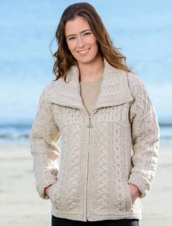 Double Collar Zip Merino Aran Cardigan -The Warm Shop X4267 Parsnip 22869.1549362371