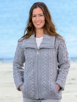 Double Collar Zip Merino Aran Cardigan -The Warm Shop X4267 Soft Grey 2 25846.1549366398