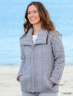 Double Collar Zip Merino Aran Cardigan -The Warm Shop X4267 Soft Grey 13418.1624609042