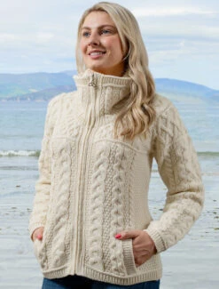 Double Collar Zip Merino Aran Cardigan