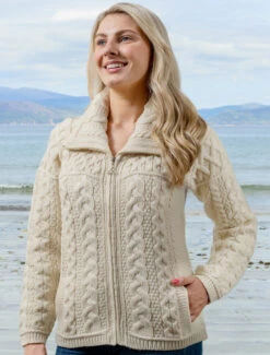Double Collar Zip Merino Aran Cardigan -The Warm Shop X4267 White 2 82345.1673752577