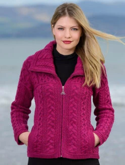 Double Collar Zip Merino Aran Cardigan -The Warm Shop X4267leadraspberry 44611.1659109152