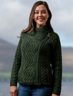 Aran Jacket With Celtic Knot Side Zip -The Warm Shop Z4630 Army Green 1 50008.1673752883
