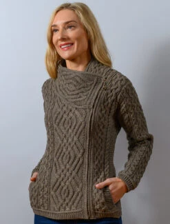 Aran Jacket With Celtic Knot Side Zip -The Warm Shop Z4630 Brown 10377.1673752884