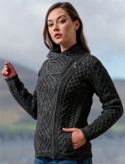 Aran Jacket With Celtic Knot Side Zip -The Warm Shop Z4630 Charcoal 1 32408.1673752883